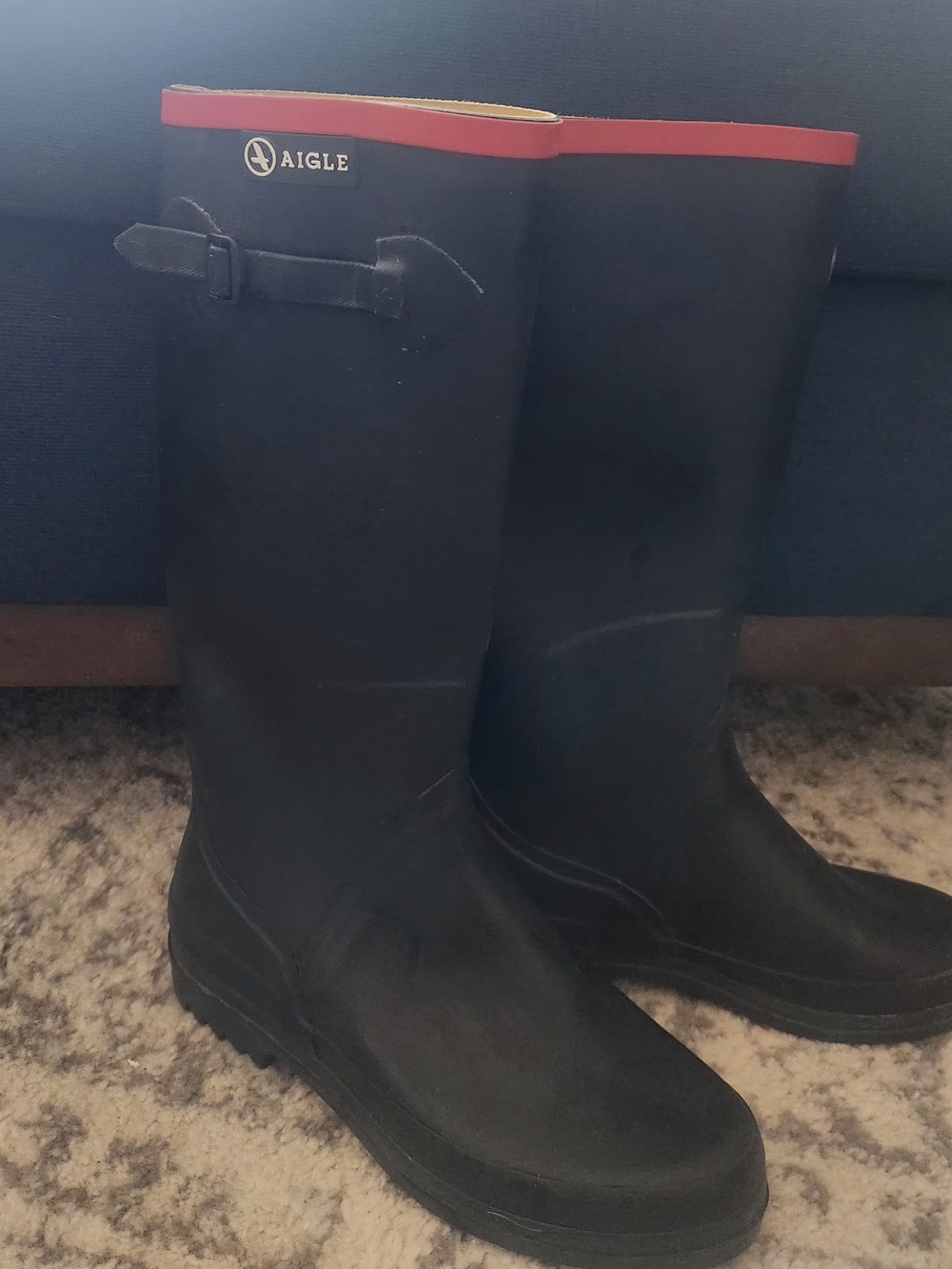 Aigle Womens Black Tall Rain Boots with Red Trim